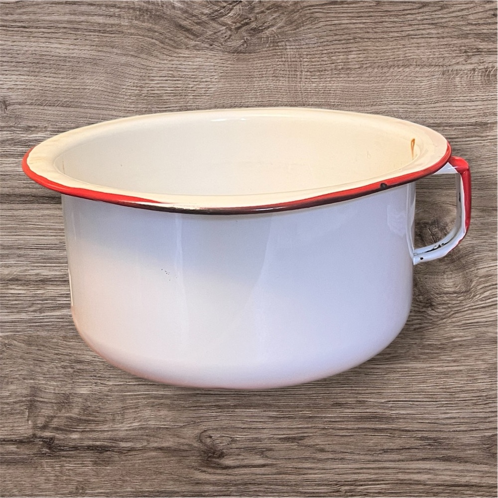 Vintage White & Red Enamelware Chamber Pot